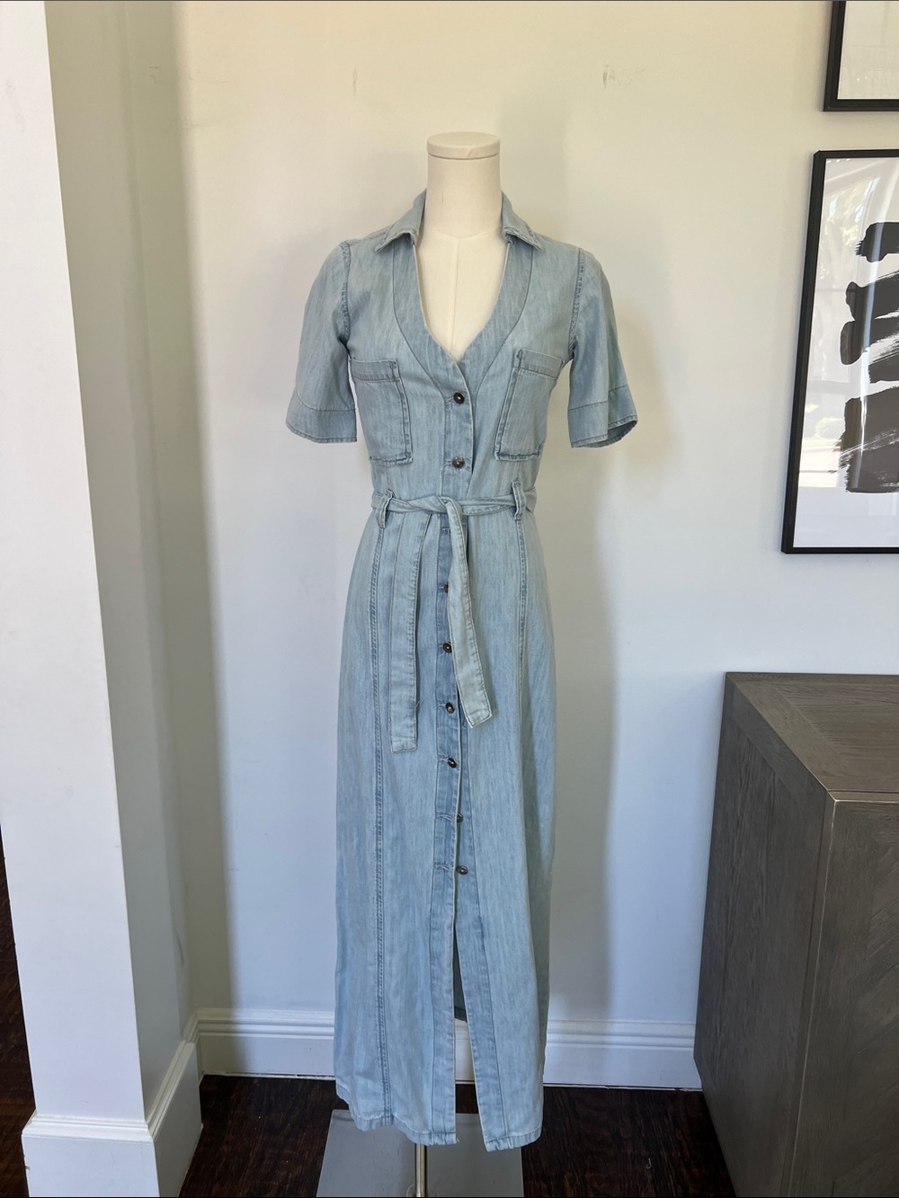 Zara Light Wash Denim Maxi Shirt Dress with Tie Waist